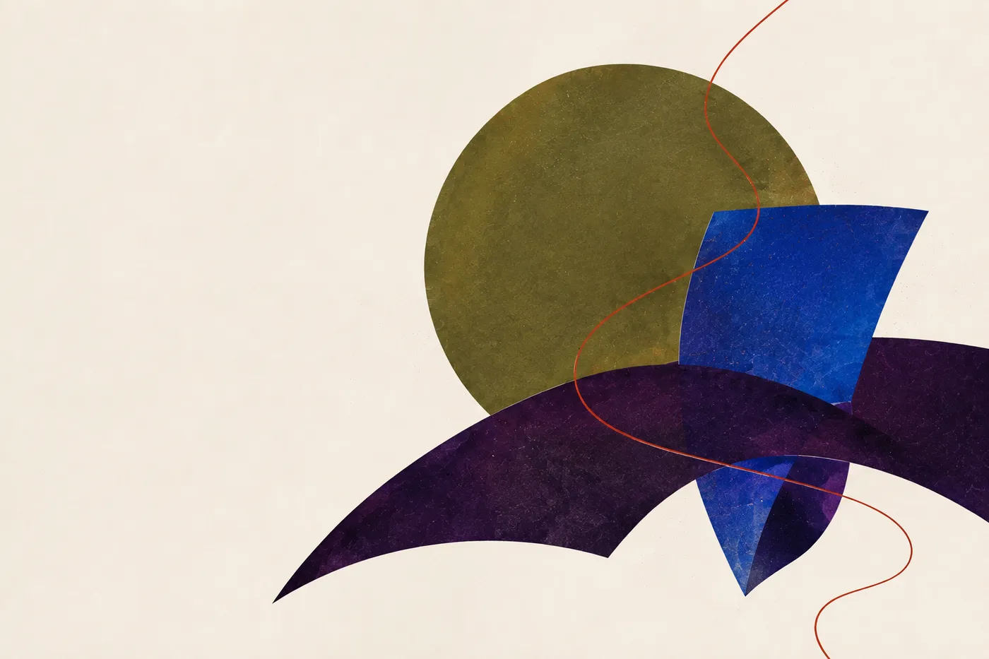 Abstract print with olive, cobalt, and plum forms joined by a fine copper line.