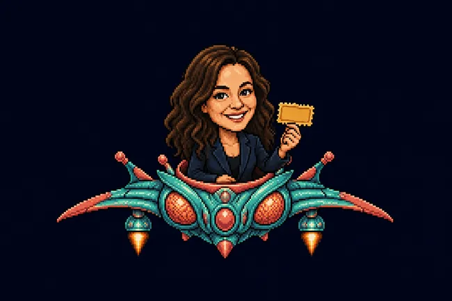Original pixel-art caricature of Daniela Amodei piloting a teal bonus-stage spacecraft and holding a golden ticket.
