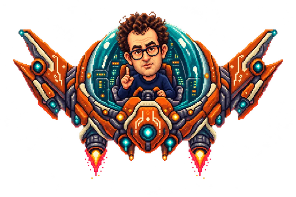 Original pixel-art caricature of Dario Amodei piloting an enormous orange and teal alien mothership.