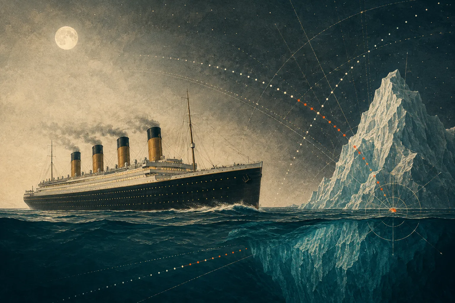 An original illustrated ocean liner approaches a vast iceberg; optimistic plotted trajectories lead directly into it.