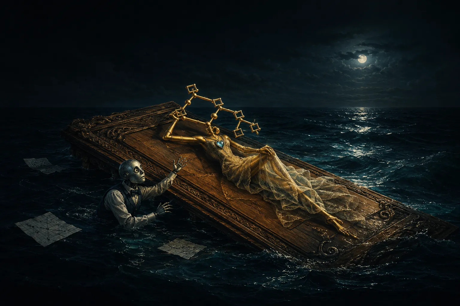 Titanic movie parody: a golden decision-tree Rose reclines on an ornate floating door while a small statistical robot Jack clings to its edge.