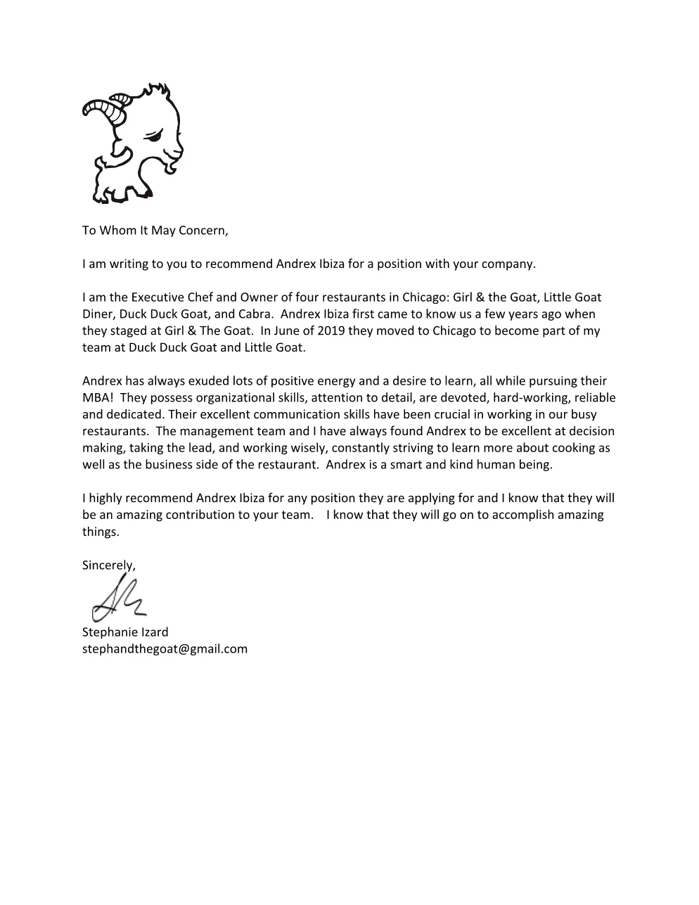 Original signed letter from Stephanie Izard recommending Axl Ibiza. A complete text transcription follows.