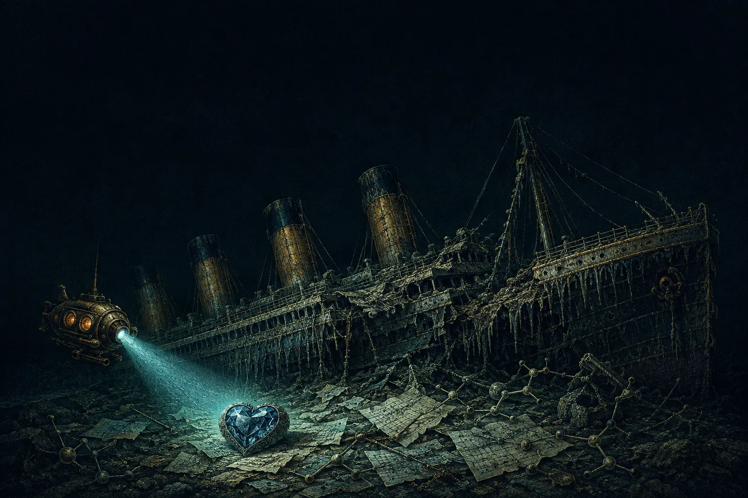 An original Titanic parody wreck illustration: a brass research submersible discovers a blue heart-shaped jewel among abandoned decision trees on the seabed.
