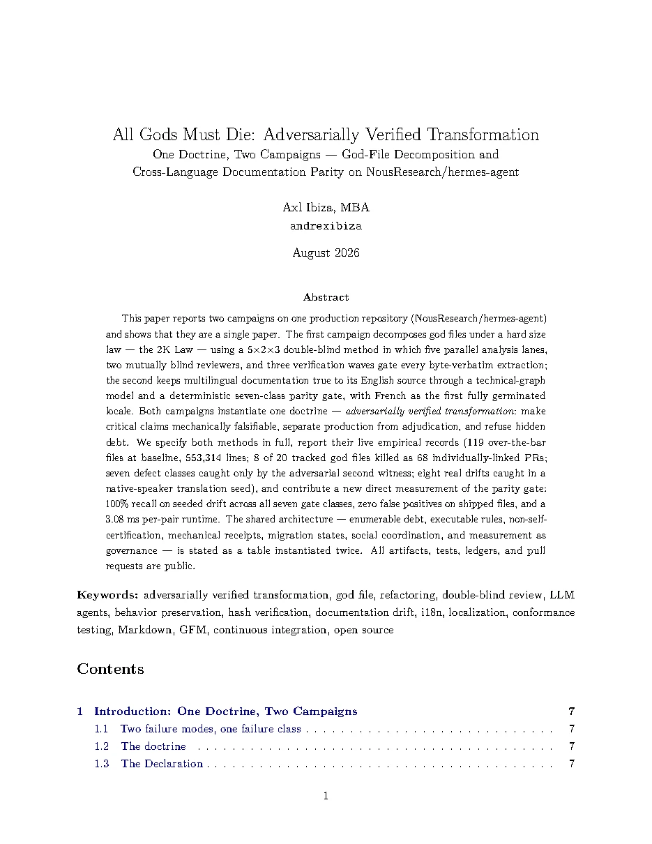 Original page 1 of All Gods Must Die: Adversarially Verified Transformation. The complete reading text appears above.