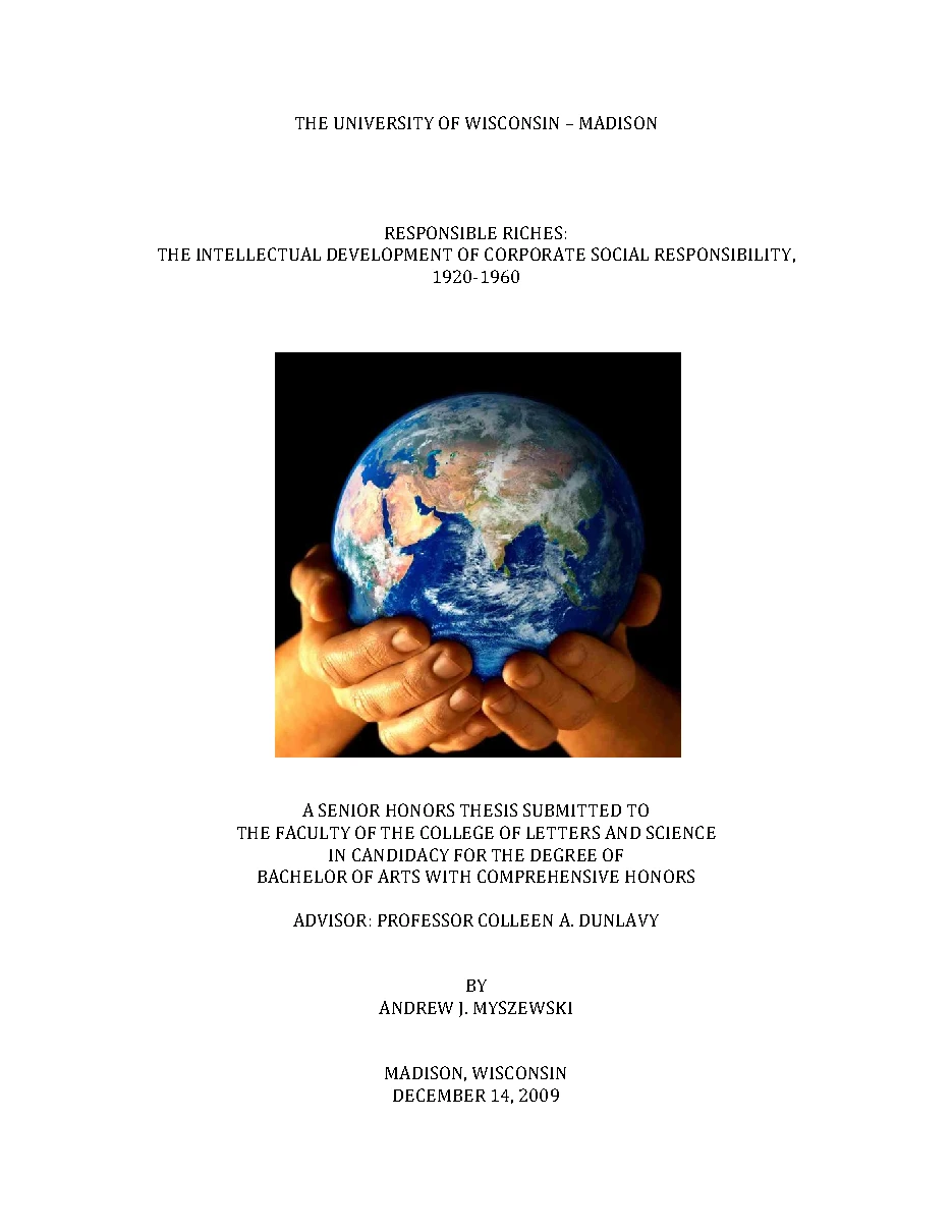 Original page 1 of Responsible Riches: The Intellectual Development of Corporate Social Responsibility, 1920–1960. The complete reading text appears above.