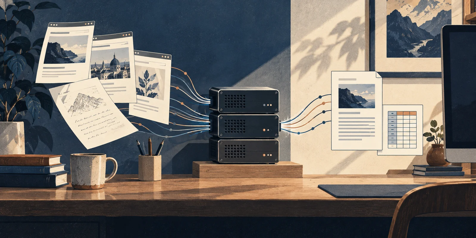 An illustrated desktop workbench where web pages and scanned notes pass through a small local server stack and emerge as readable documents and a structured table.