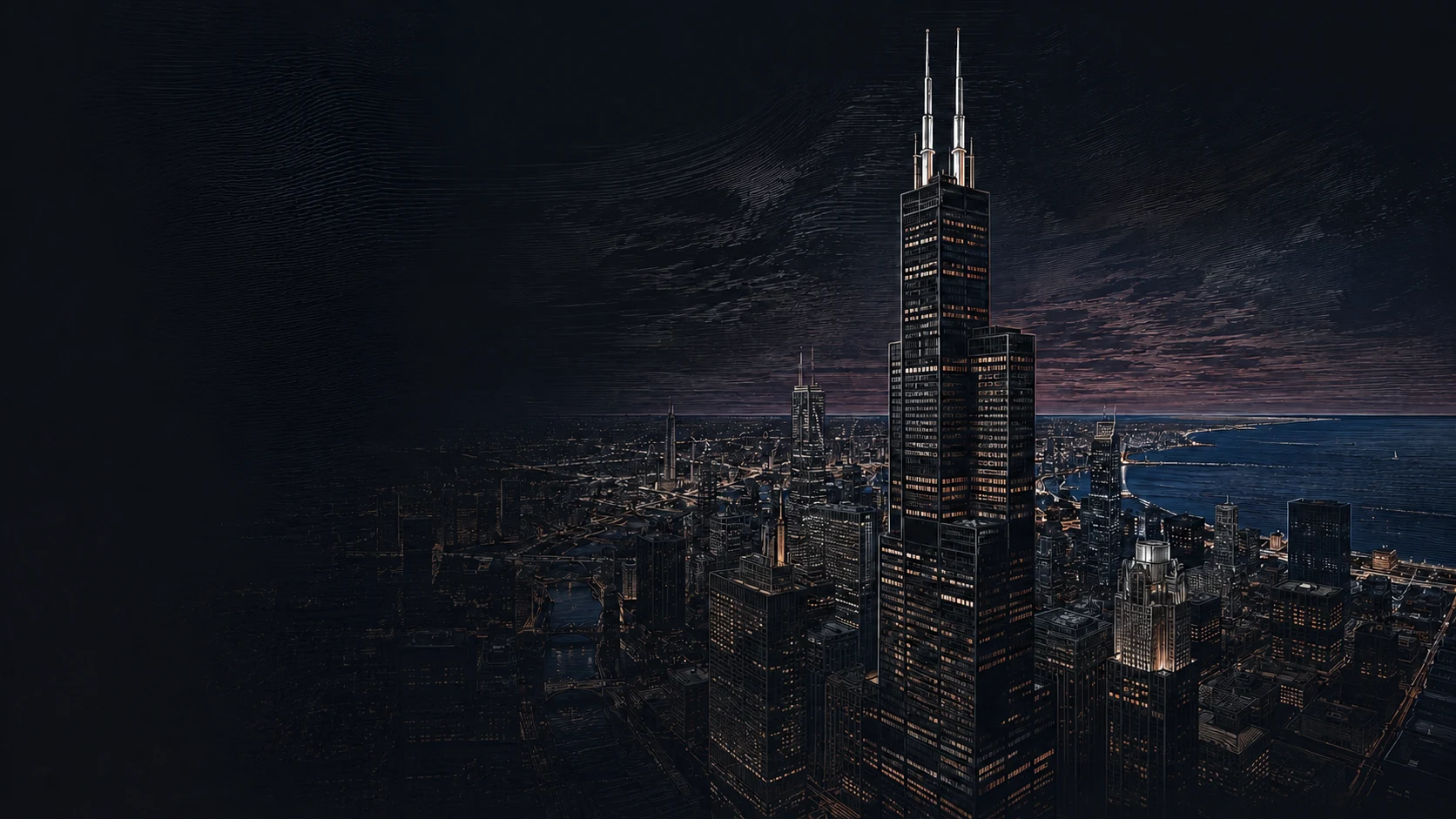 Illustrated Willis Tower and the Chicago skyline at dusk.